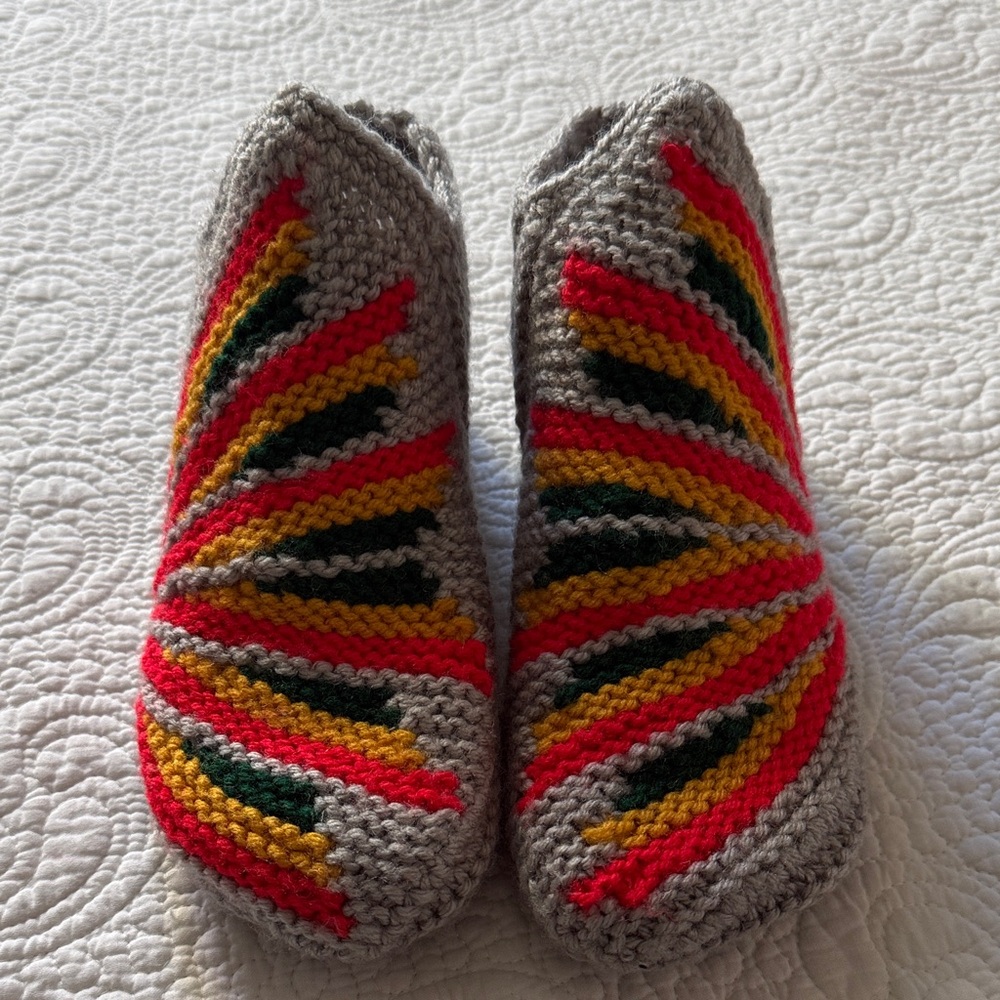 Women's Gray Knit Slippers with Red, Yellow & Green Stripe Accents